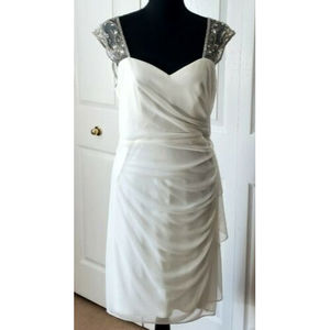 NWT $179 PATRA Ivory Cocktail Dress Sheer BEADED Neckline Ruched Sides Sz 10